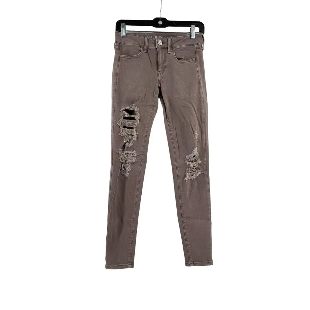 American Eagle Super Stretch X Mid-Rise Distressed Brown Jegging Women's Size 2 - Picture 2 of 9